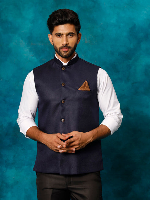Vastramay Men's Navy Blue Woven Nehru Jacket